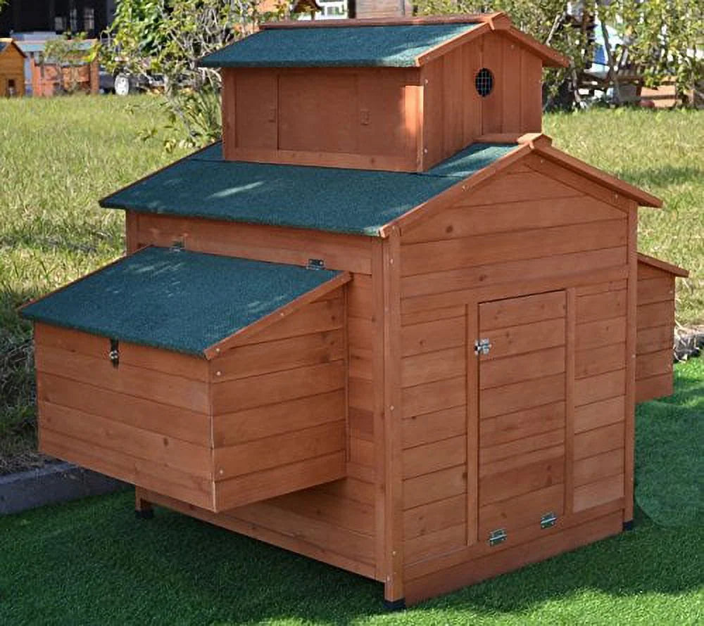 Deluxe Large Wooden Chicken Coop Backyard Hen House with 6 Nesting Boxes, Fits 6-10 Chickens