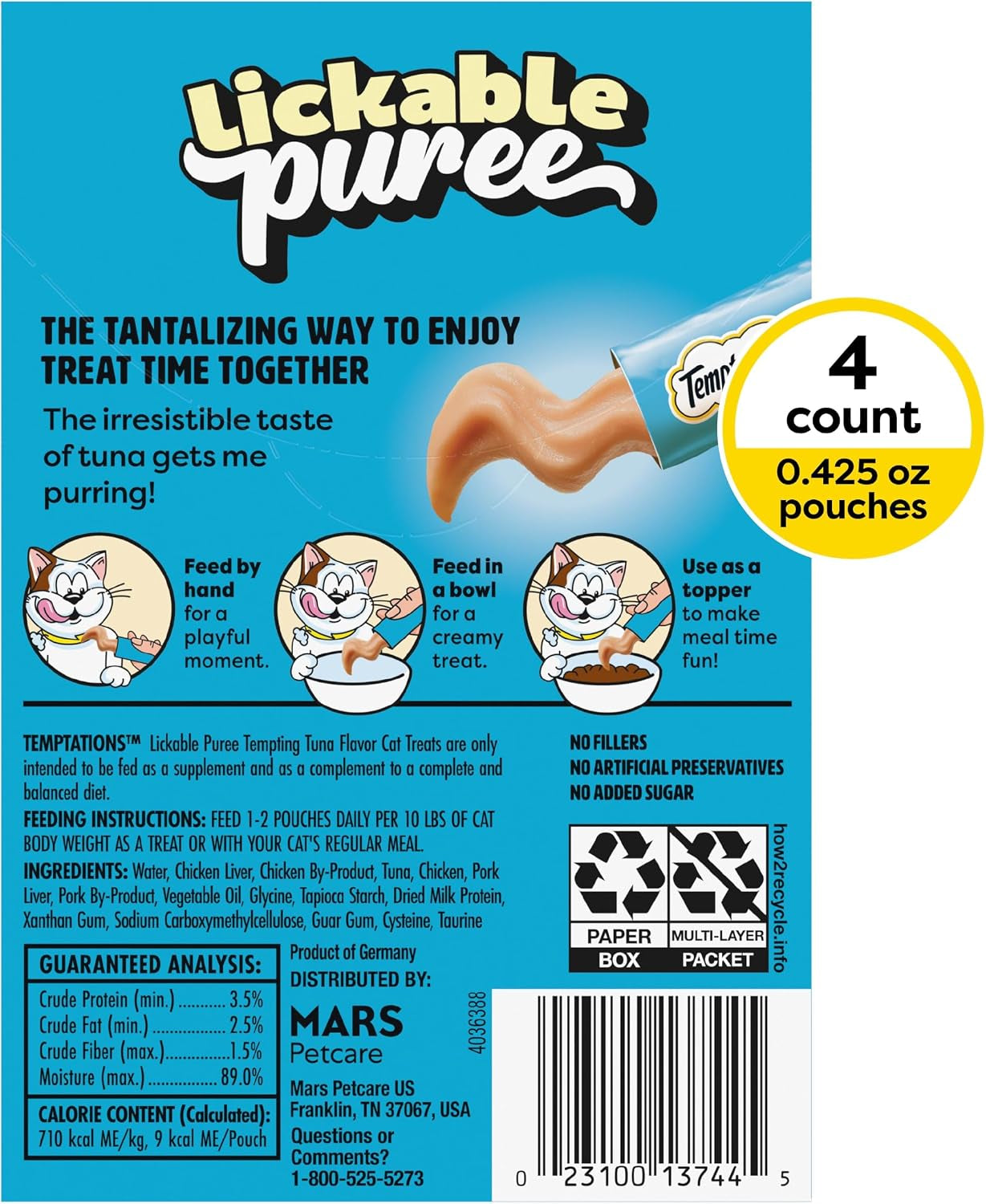 Creamy Puree Squeezable Lickable Cat Treats, Wet Cat Treats with Tuna, 0.42 Oz. Tubes, 4 Count, Pack of 11 (44 Total)