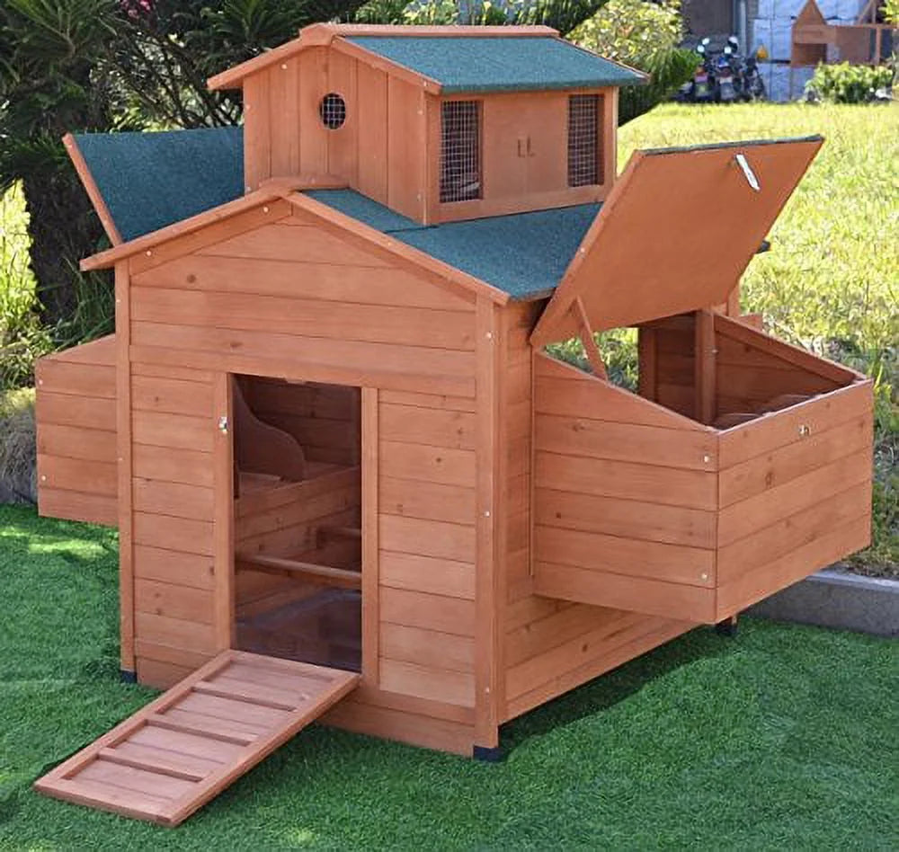 Deluxe Large Wooden Chicken Coop Backyard Hen House with 6 Nesting Boxes, Fits 6-10 Chickens